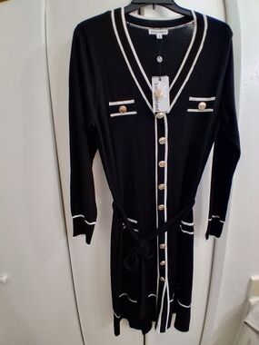 Kathy Ireland Black Knit Long Cardigan with White Trim